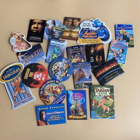 20 Vintage Disney and Movie Promo Video Store Advertising Button Pins Lot #1 - Picture 1 of 6